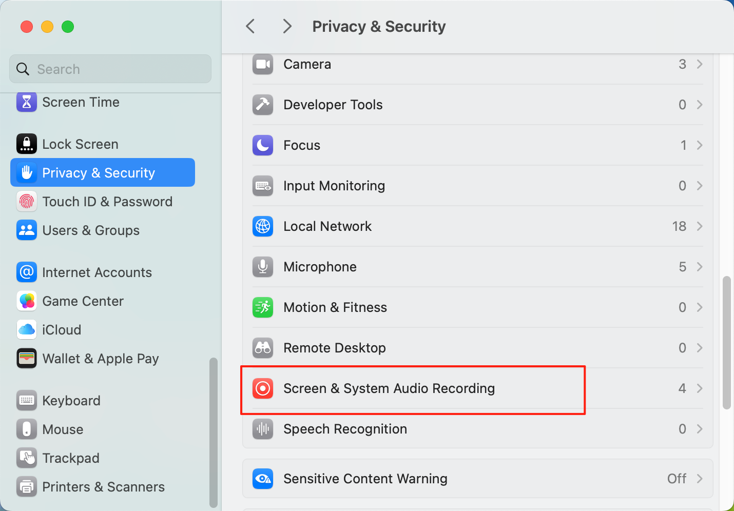 macOS Screen Recording Settings