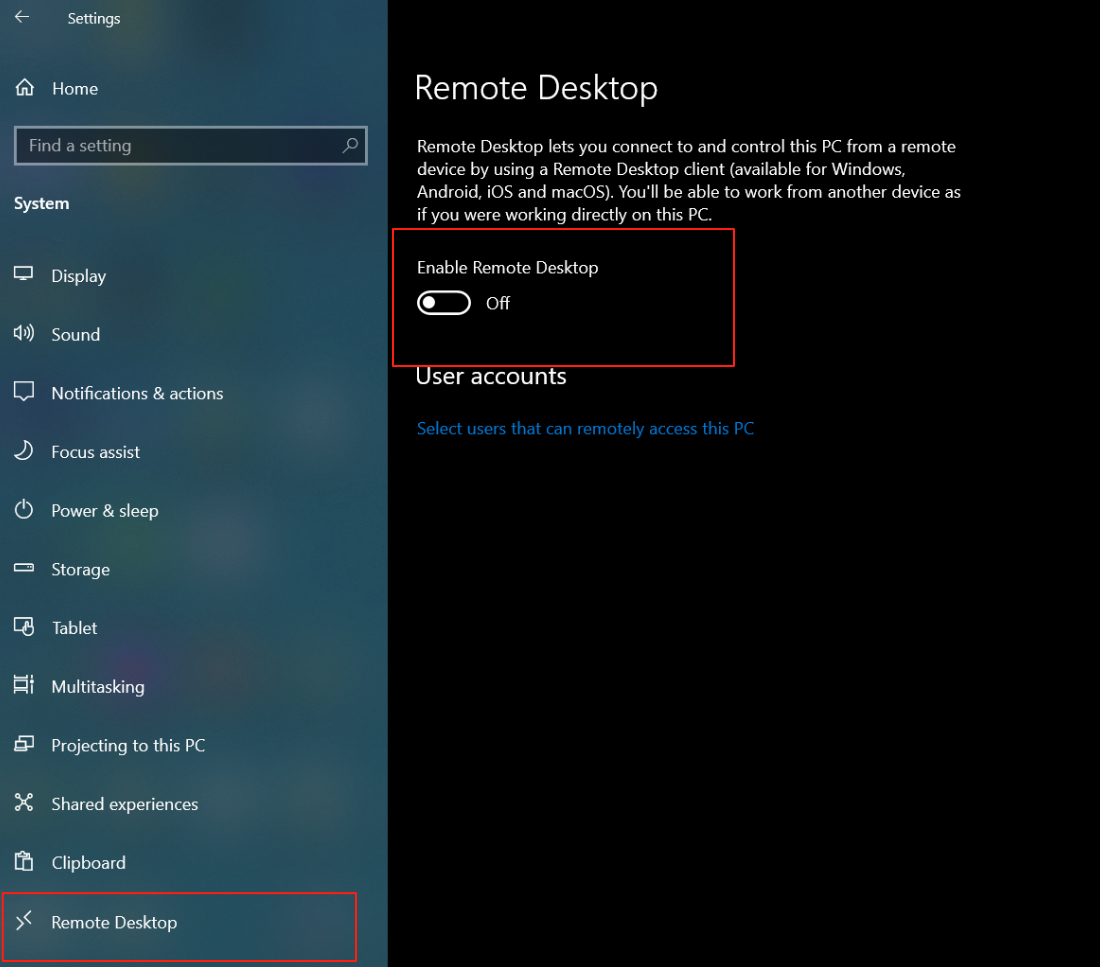 Windows Remote Settings